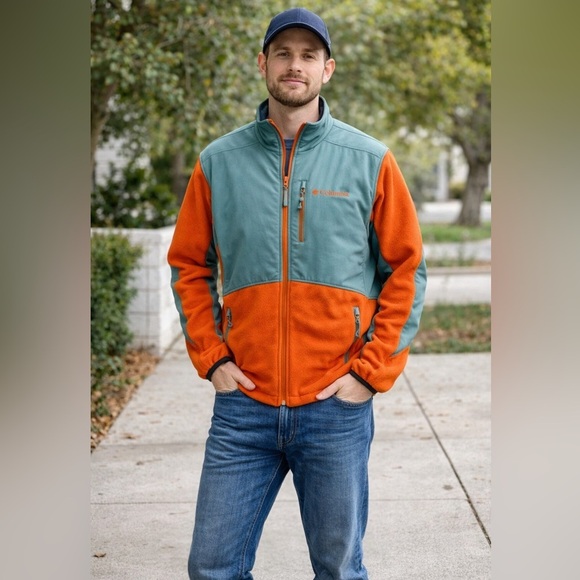 Columbia Other - Columbia Men’s Full Zip Fleece Jacket XL Orange & Green Outdoor Hiking